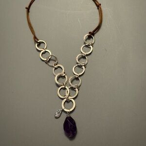 New!! Artisan sterling silver, amethyst, pearl and leather necklace